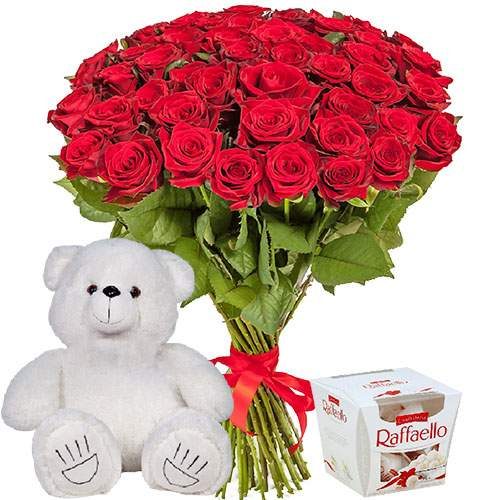 ajnj njdfhf 51 роза, мишка и "Raffaello"