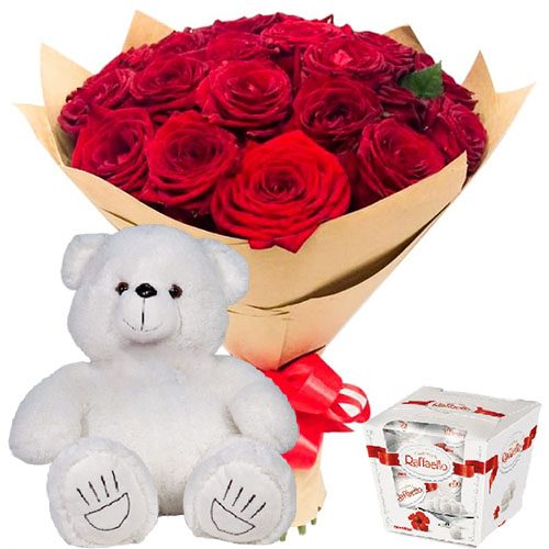 Фото товара 25 роз, "Raffaello" и мишка