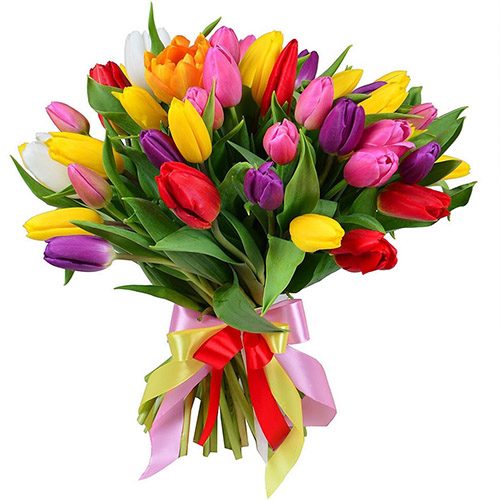 Фото товара 35 тюльпанов "Радужный микс" с лентой
