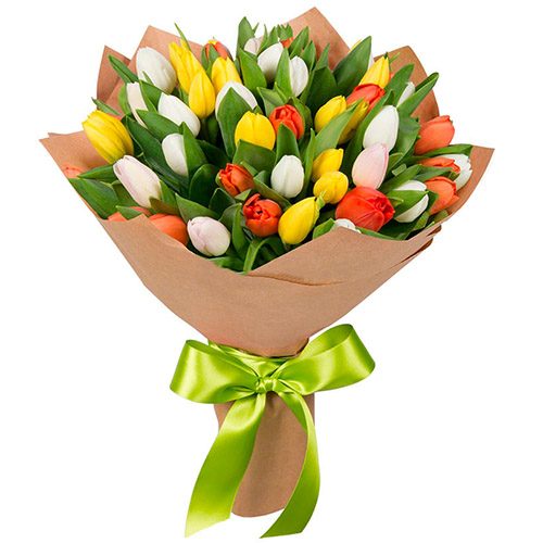 Фото товара 35 тюльпанов микс (красный, белый, жёлтый) в крафт